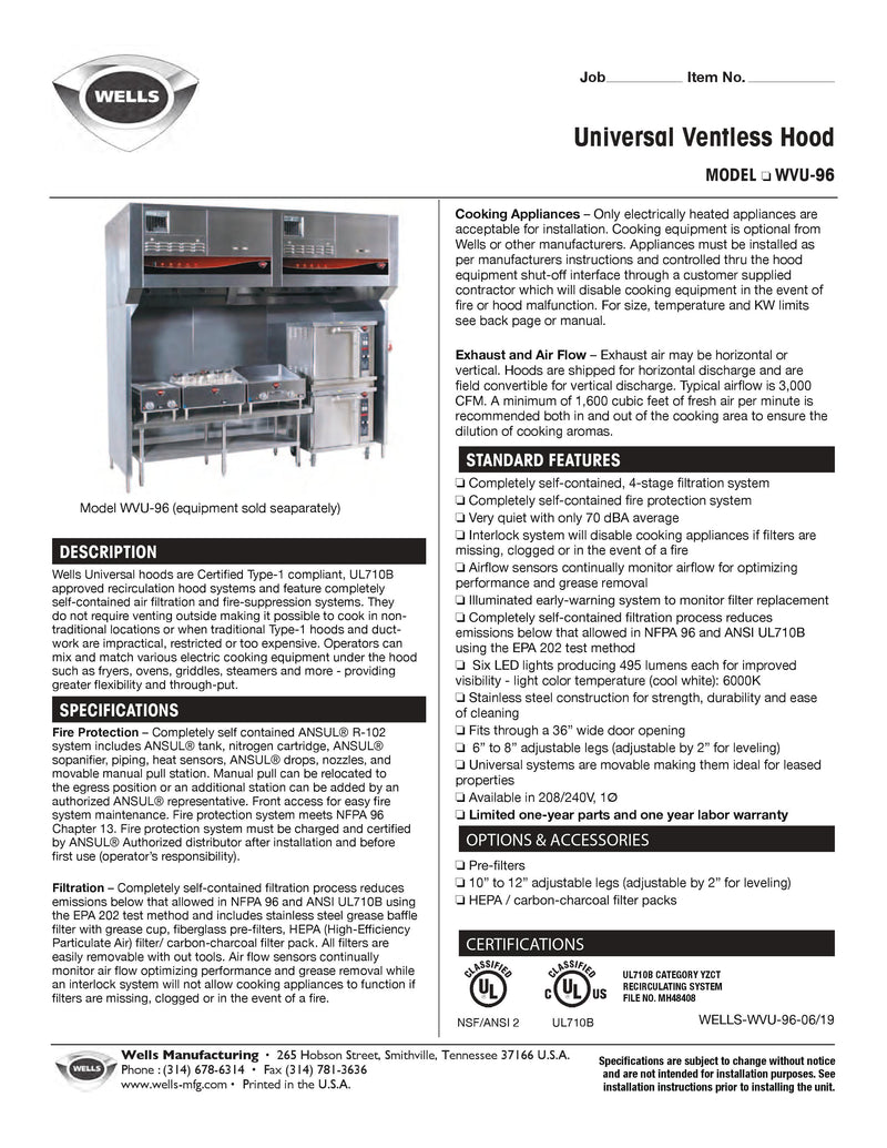Wells Ventless Exhaust System - WVU-96