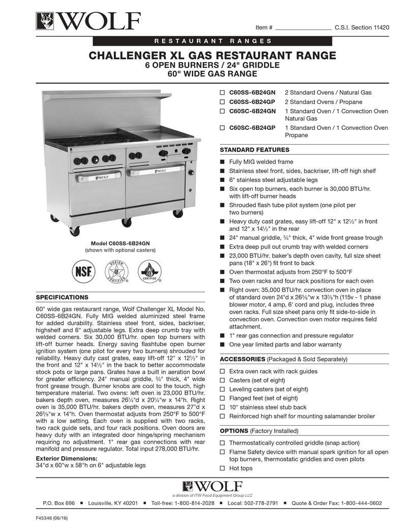 Wolf C60SS-6B24G 60 6 Burner Gas Range w/ Griddle & (2) Standard