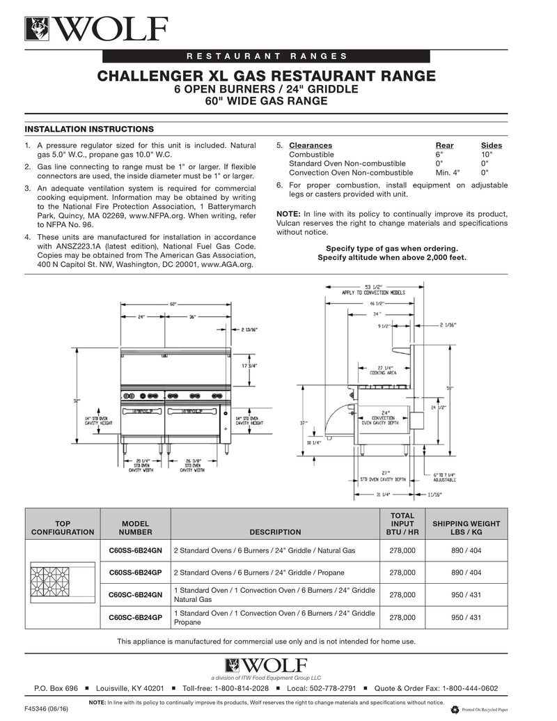 Wolf C60SC-6B24GN Challenger XL Series Natural Gas 60 Manual