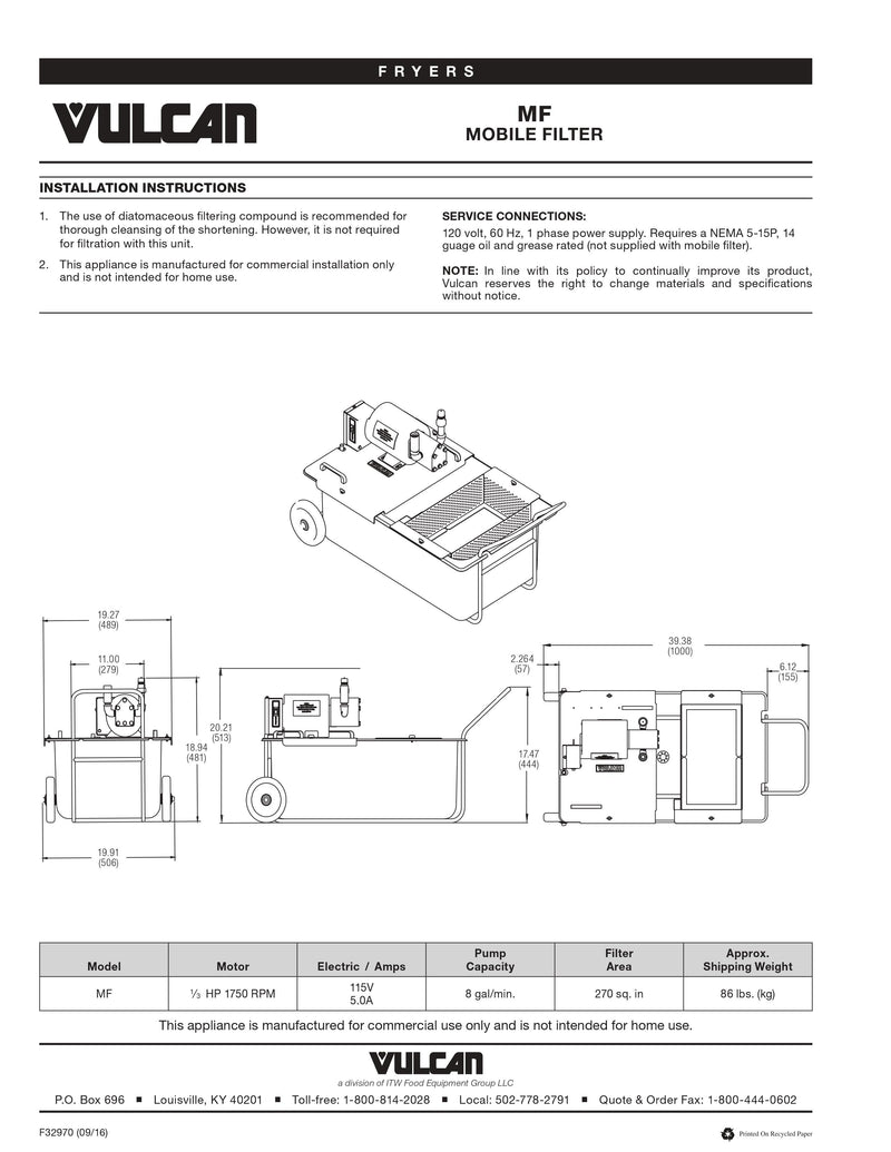 Vulcan Fryer Filter - MF-1