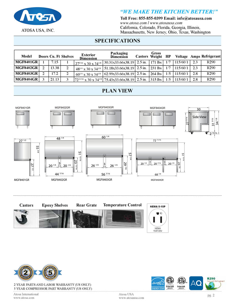 Atosa Undercounter Refrigerator spec sheet MGF8402GR