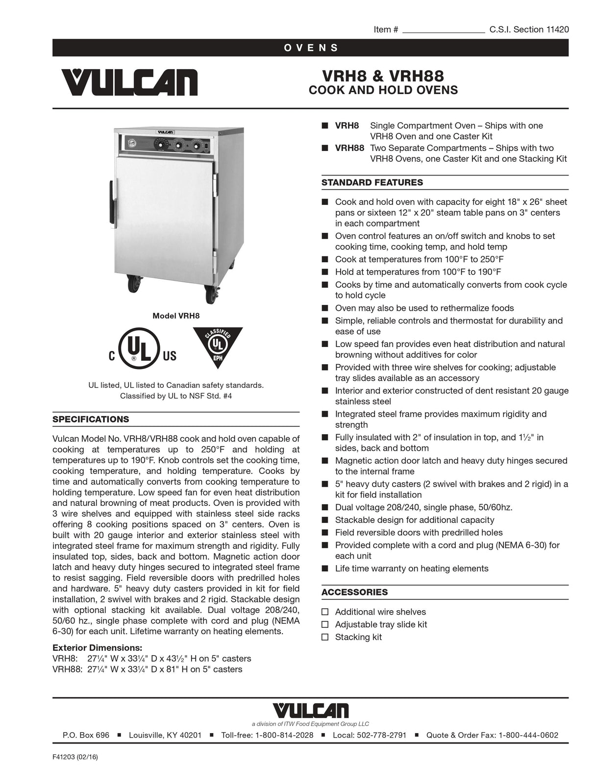 Vulcan Cabinet Holding Oven - Single / Dual - VRH Series
