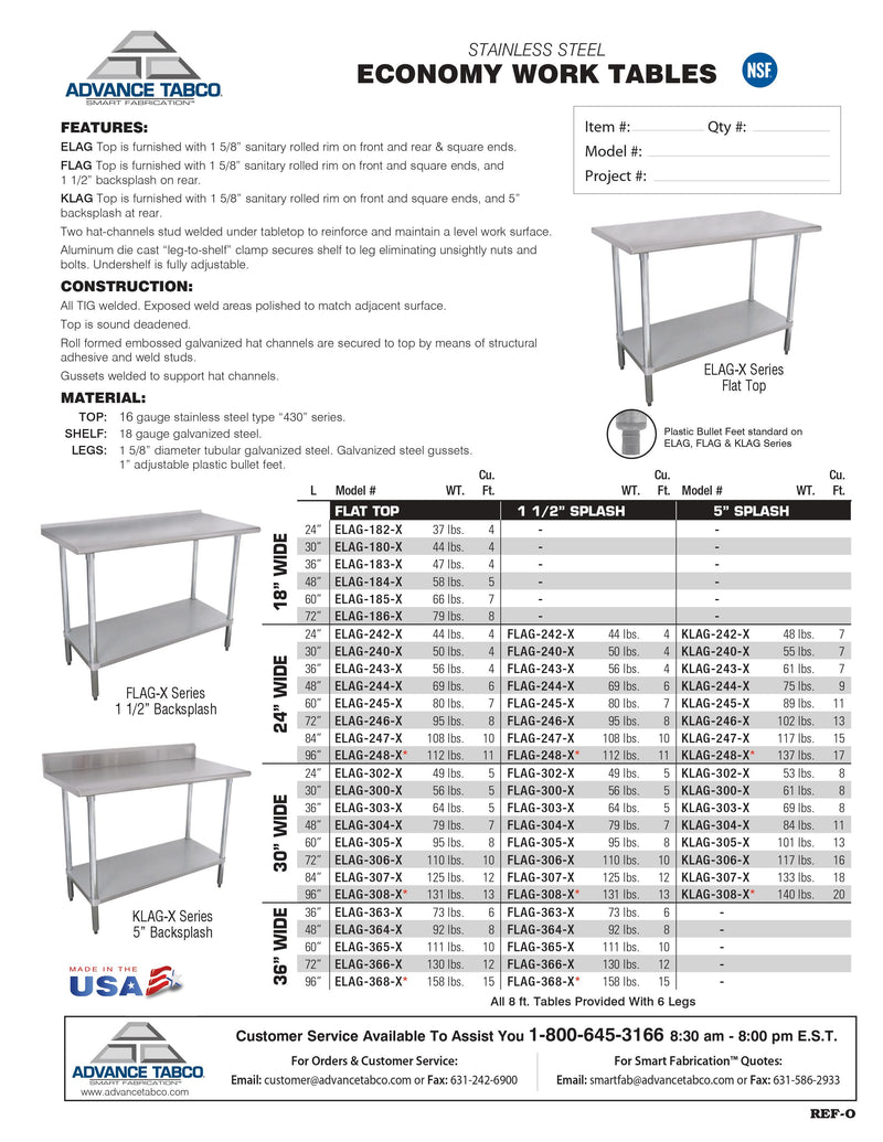 Advance Tabco Work Table - ELAG-306-X