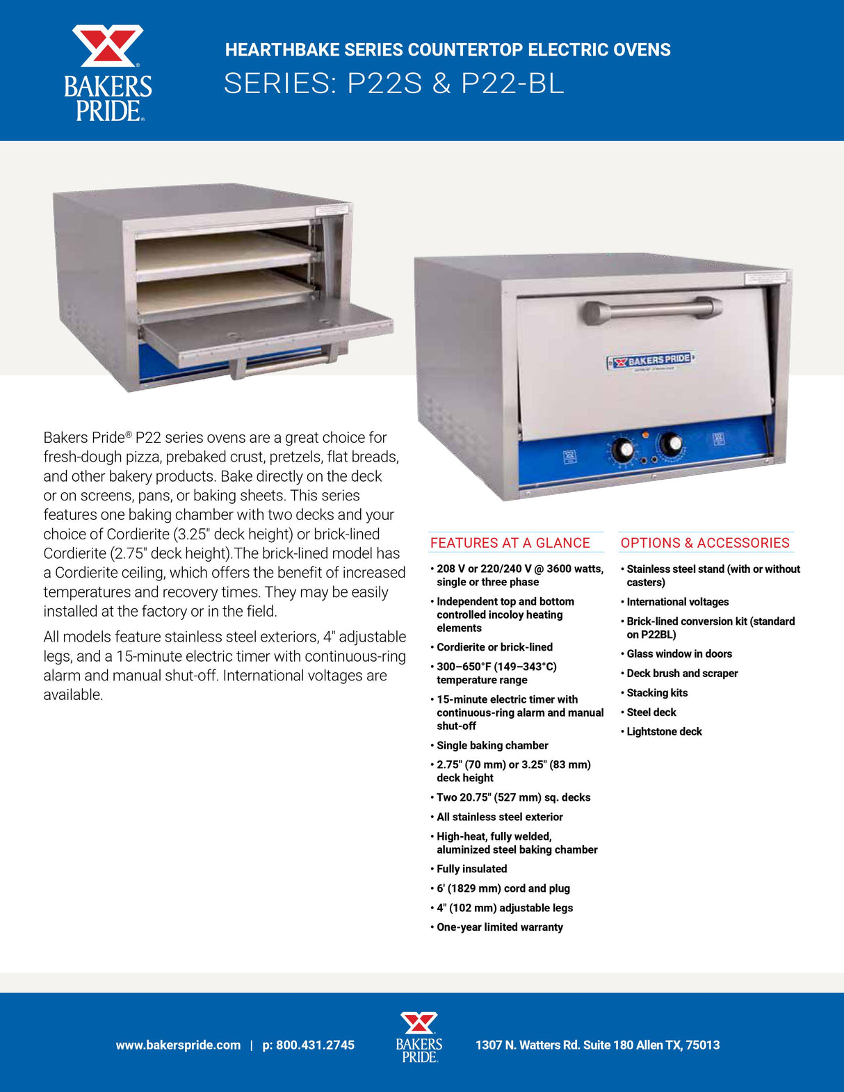 Features sheet for P22S and P22-BL Series ovens