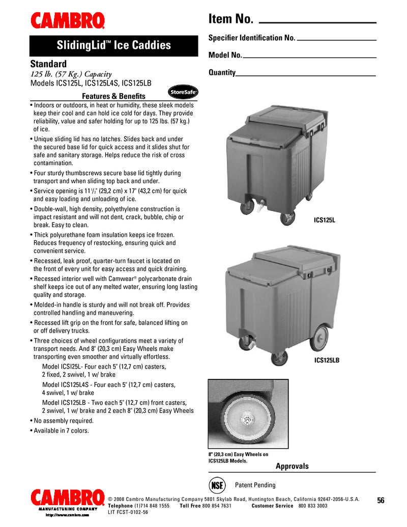 Cambro Mobile Ice Caddy ICS125L110 information sheet.