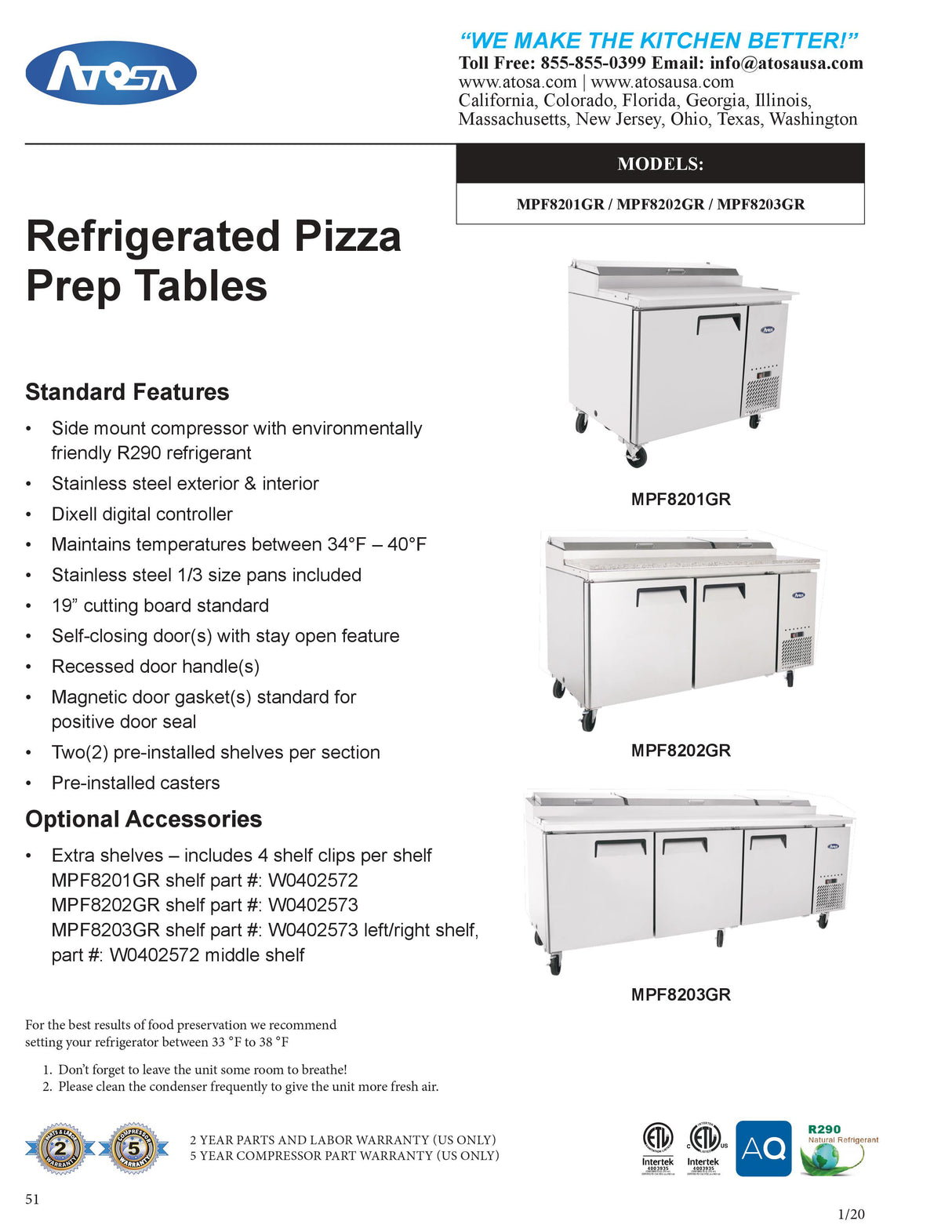 Atosa Refrigerated Counter Pizza Prep Table-MPF8201GR
