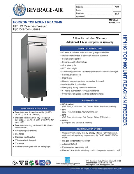 Beverage Air Reach-In Freezer - HF1HC-1S