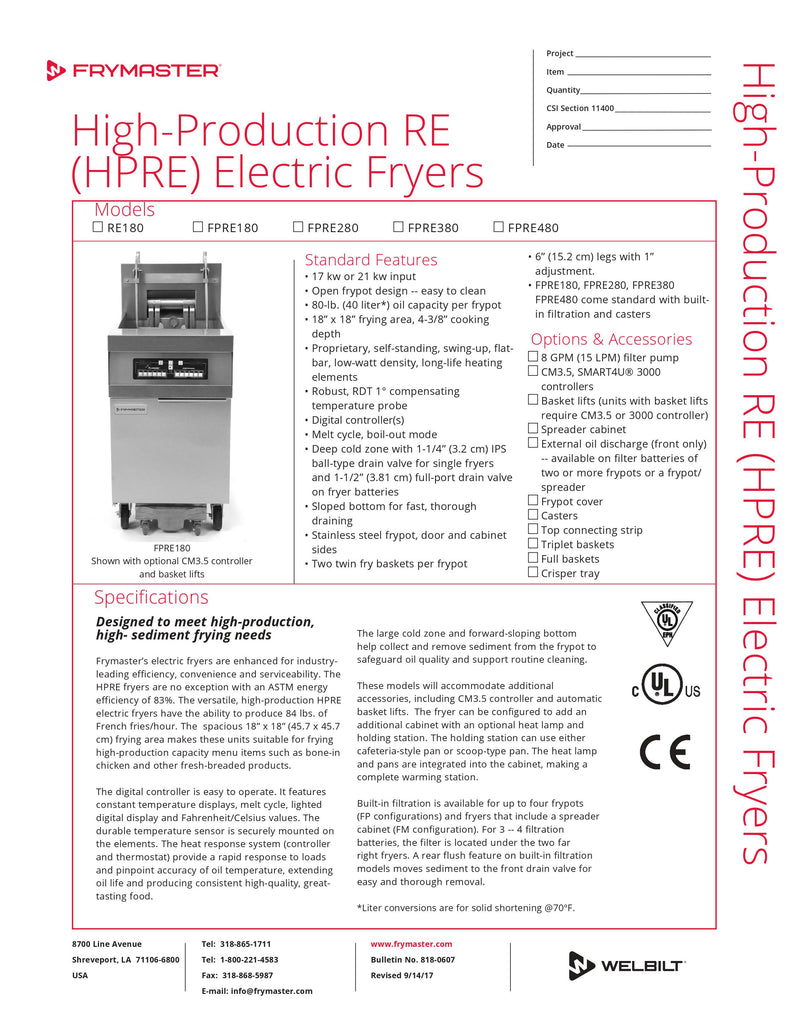 Frymaster High-Production Electric Fryer - 17KW - RE180-17