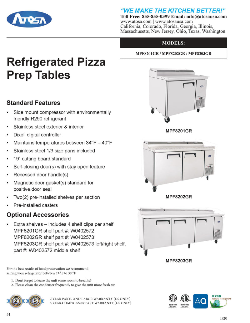 Atosa Refrigerated Counter Pizza Prep Table - MPF8202GR