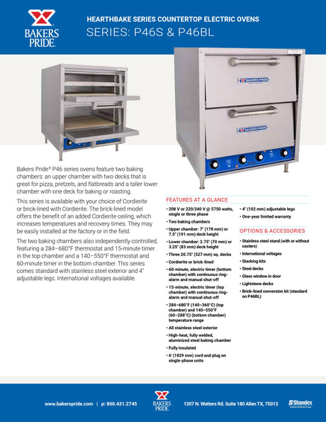 Series P46S & P46BL electric ovens features sheet