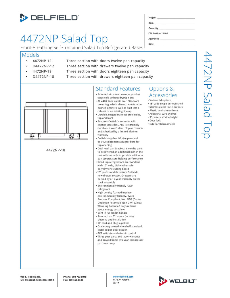 Delfield Refrigerated Counter, Sandwich/ Salad Unit - 4472NP-18
