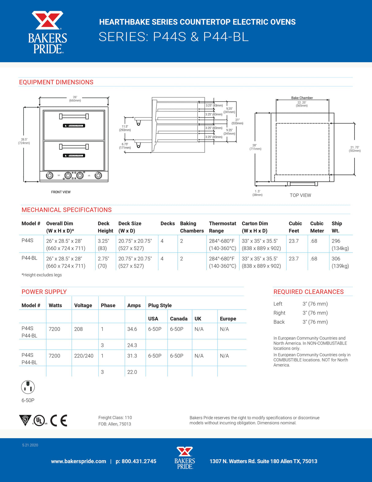Hearthbake P44S oven spec sheet
