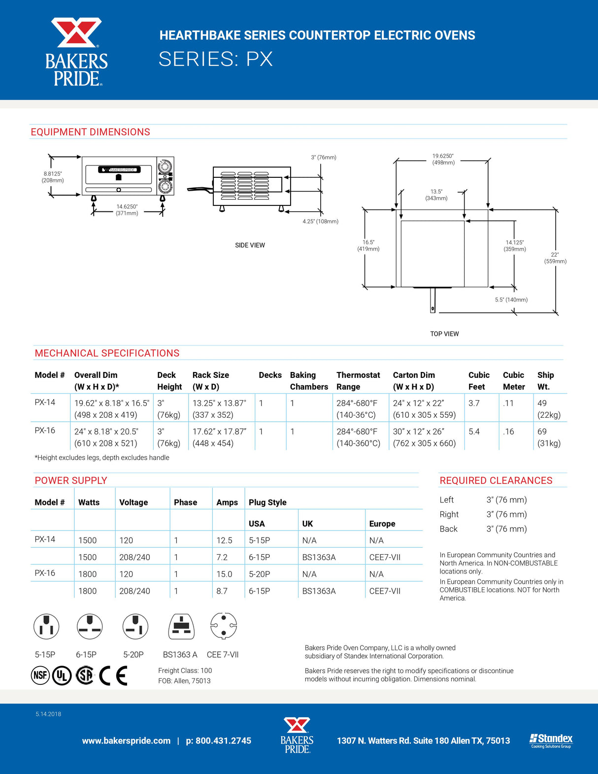 Series PX pizza oven spec sheet