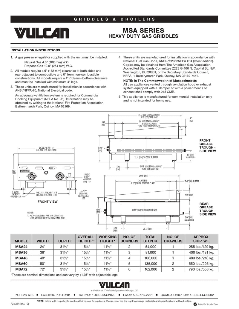 Vulcan Gas Griddle - MSA72
