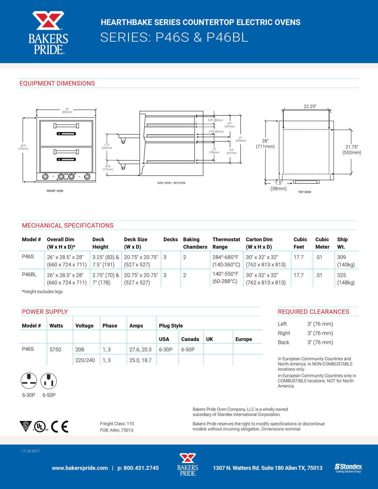 Series P46S & P46BL electric ovens spec sheet