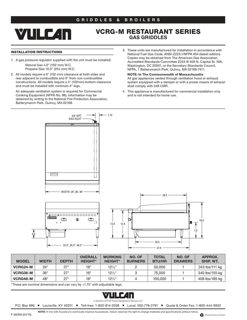 Vulcan Gas Griddle - VCRG24-M