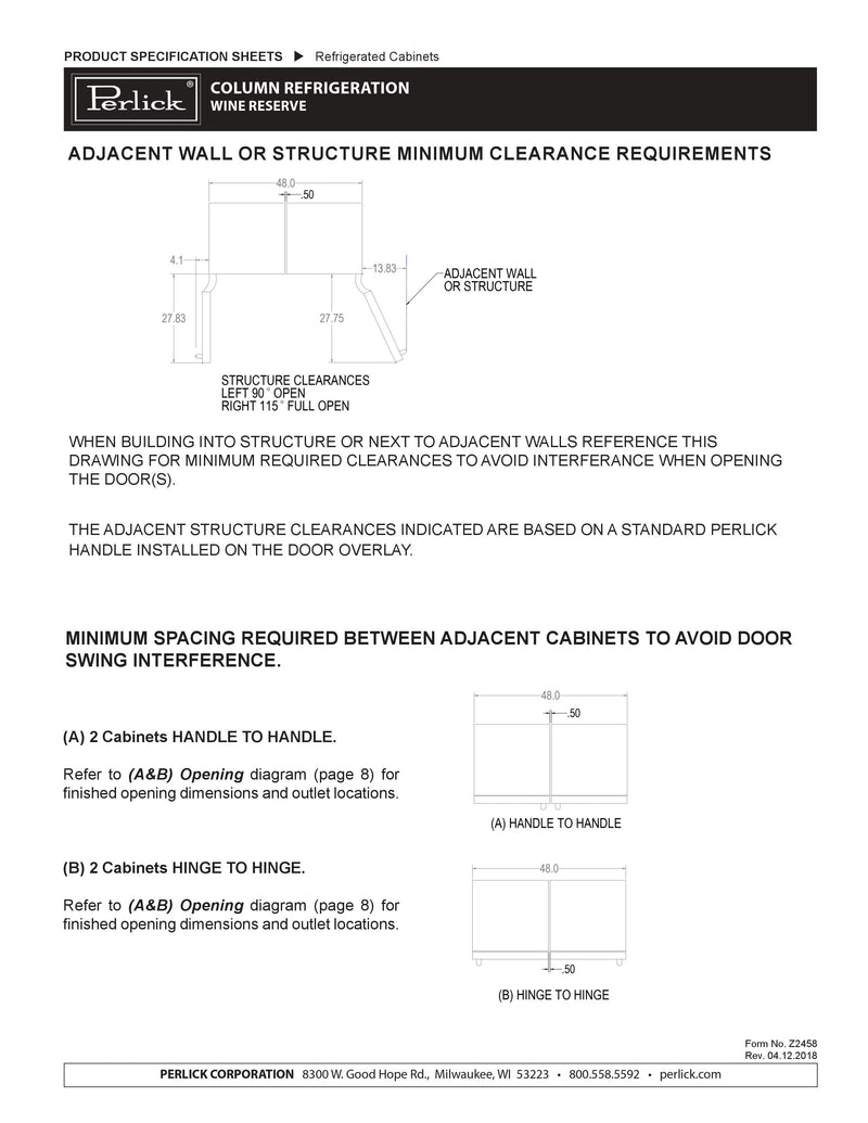 Perlick Wine Cellar Cabinet CC24W clearance requirements information.